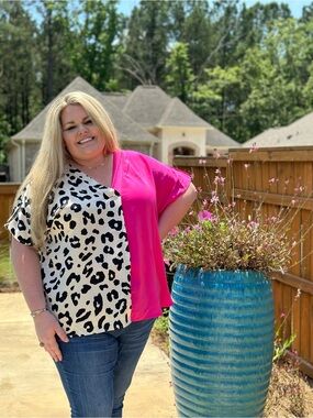 Plus-Size Two-Tone Leopard & Hot Pink V-Neck Blouse